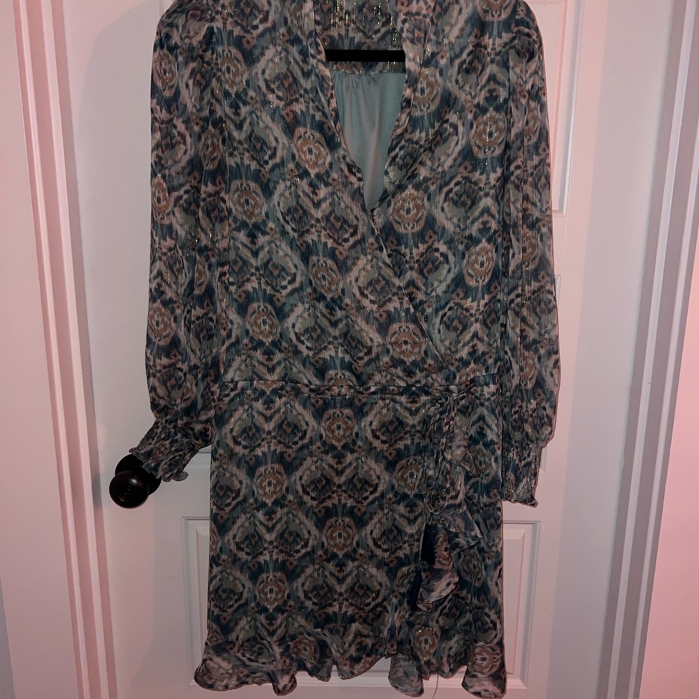 Patterned Wrap Mini Dress in Blue, Green, and Gold details
